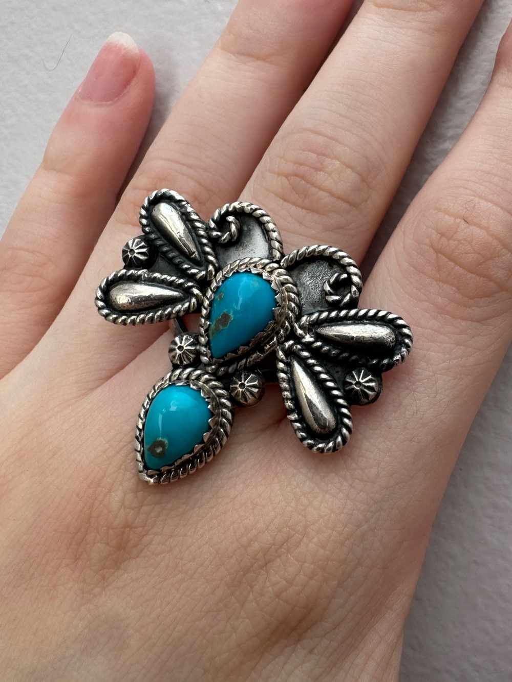 Vintage 925 Sterling Silver Kingman Turquoise Statement Dragonfly Ring | Sz 7.5